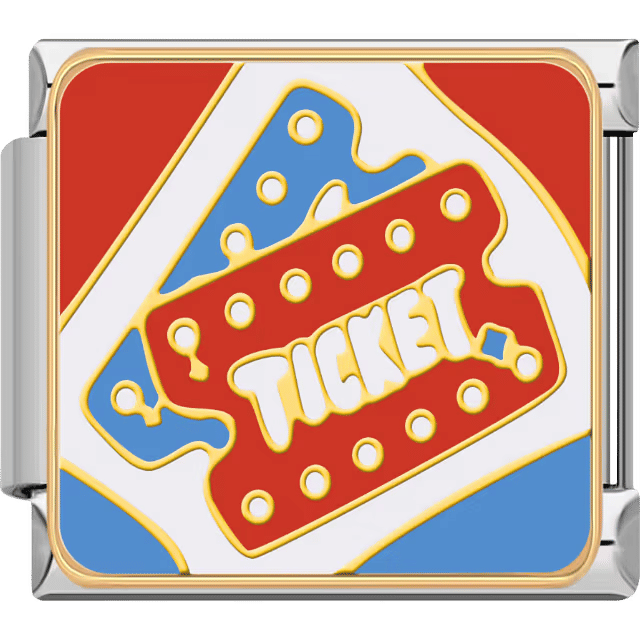 Playful circus-style ticket design with bold red, yellow, and blue colors on a silver Italian charm.